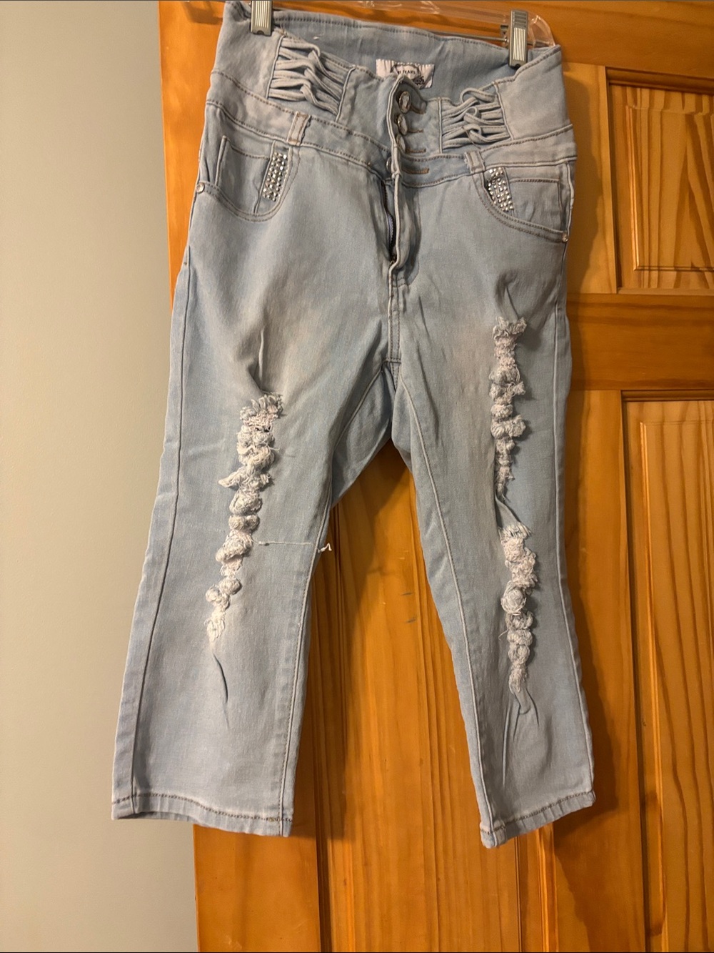 Light Blue Lace-Up Waist Cropped Jeans with Rhinestone Pockets
